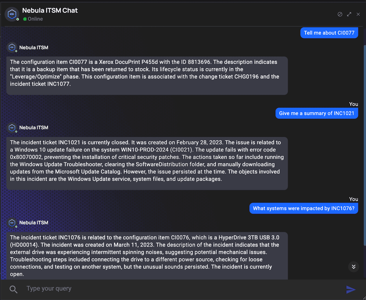 A view of the AI Agent within Accrete’s Nebula ITSM platform summarizing key information surrounding a particular Configuration Item (CI), information detailing an IT incident and information around an incident’s root cause analysis.