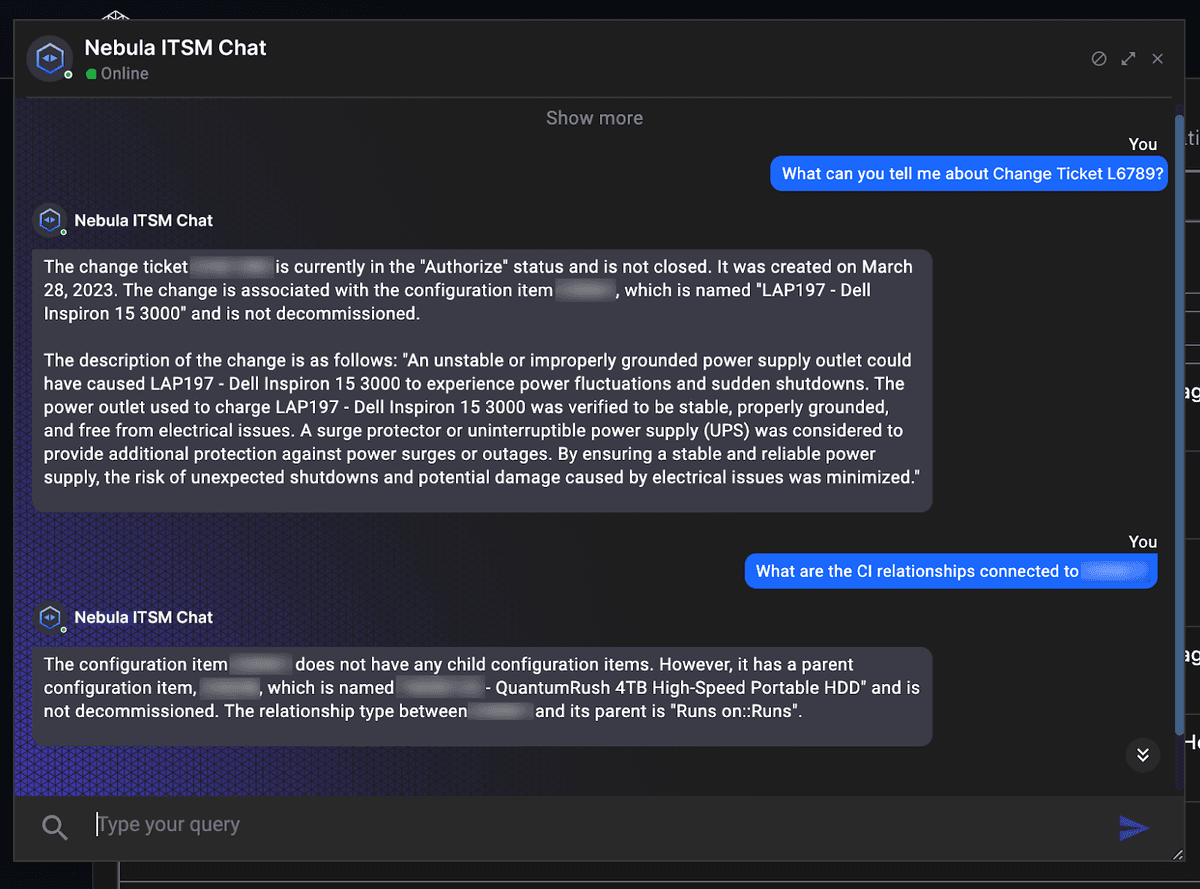Nebula ITSM platform's AI chat agent feature in action.